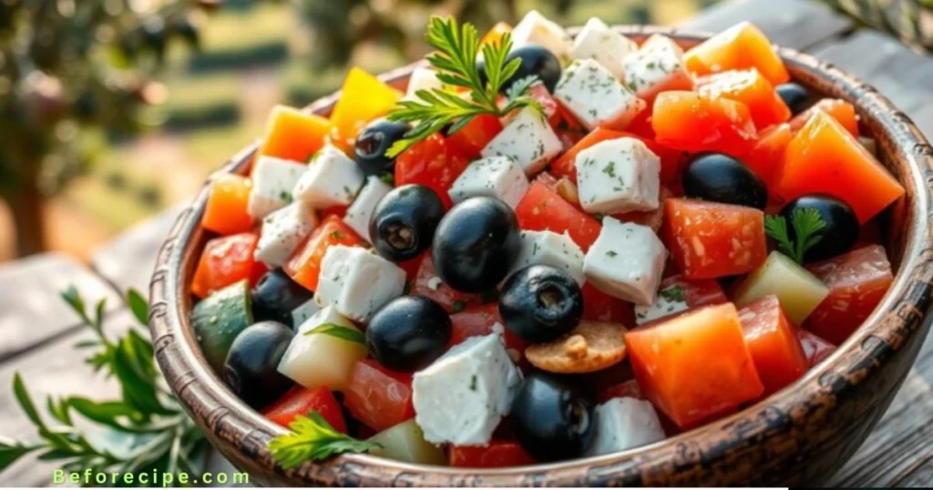 "Close-up of Greek salad featuring eggplant, cucumbers, tomatoes, and feta cheese.