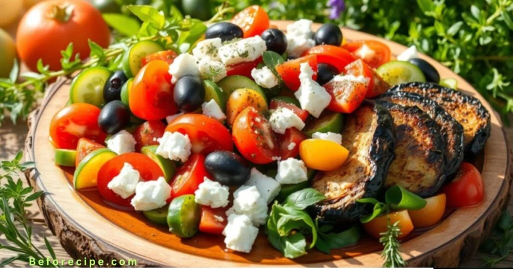 A bowl of colorful Greek salad with fresh vegetables and roasted eggplant slices.