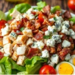 A colorful bowl of Cobb salad with chicken, avocado, and bacon.