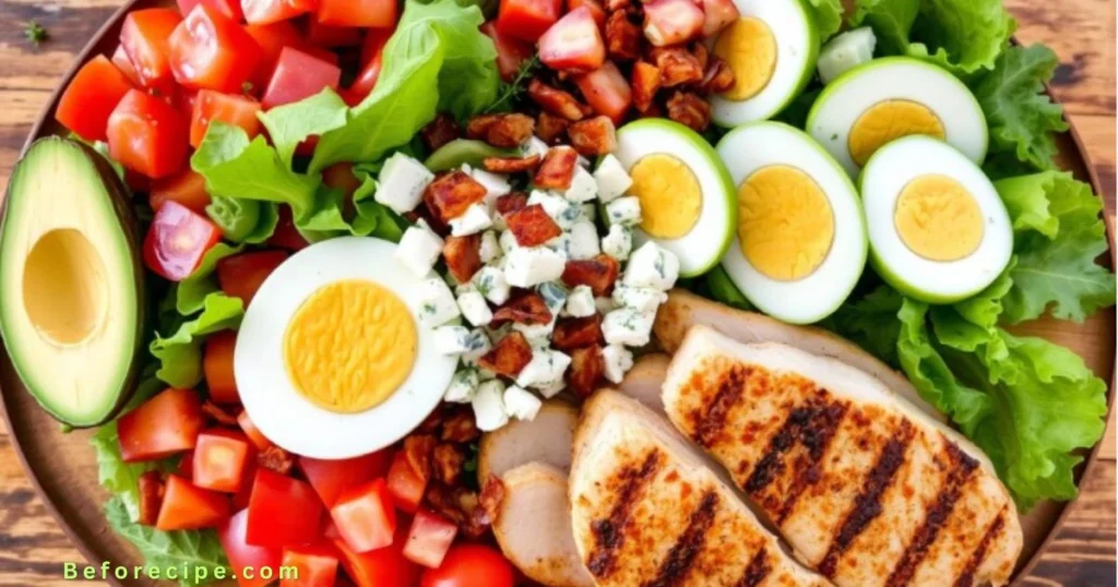 A perfectly assembled Cobb salad with hard-boiled eggs and crispy greens.