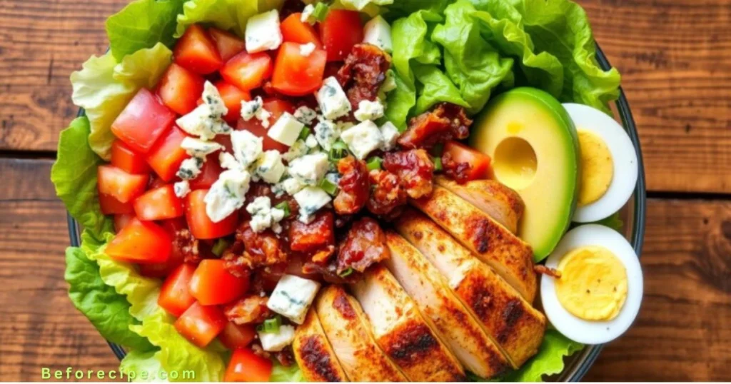 Close-up of a fresh Cobb salad with vibrant ingredients.