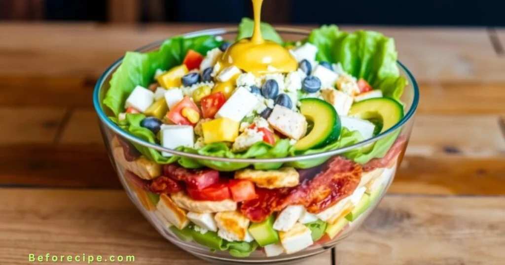 Classic Cobb salad featuring grilled chicken, tomatoes, and creamy avocado slices.