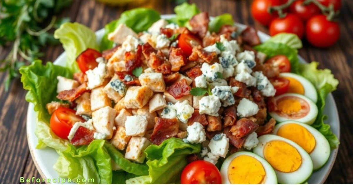 A colorful bowl of Cobb salad with chicken, avocado, and bacon.