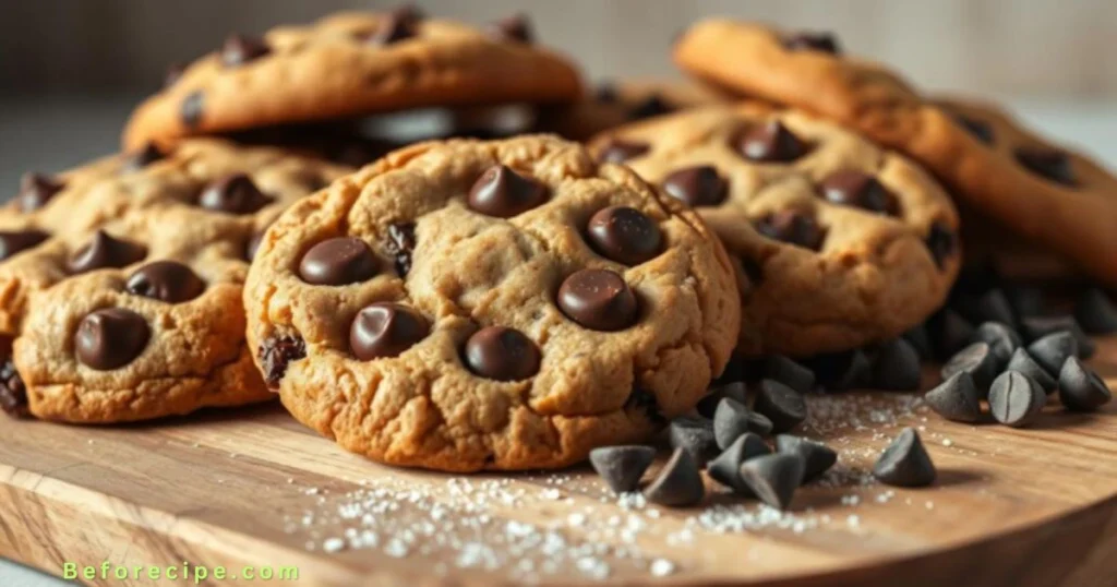 A stack of freshly baked chocolate chip cookies on a plate.