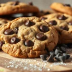 A stack of freshly baked chocolate chip cookies on a plate.