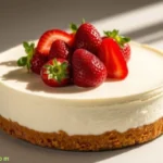 A creamy, smooth slice of New York cheesecake ohne backen on a white plate.