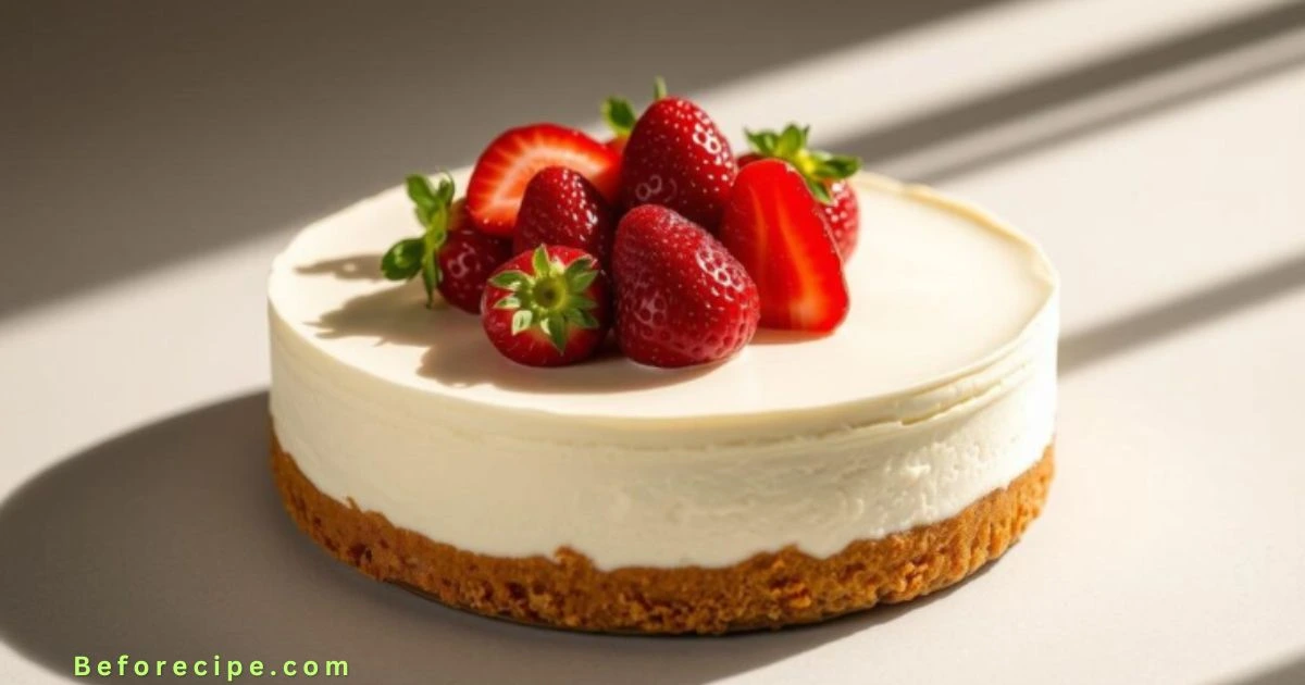 A creamy, smooth slice of New York cheesecake ohne backen on a white plate.